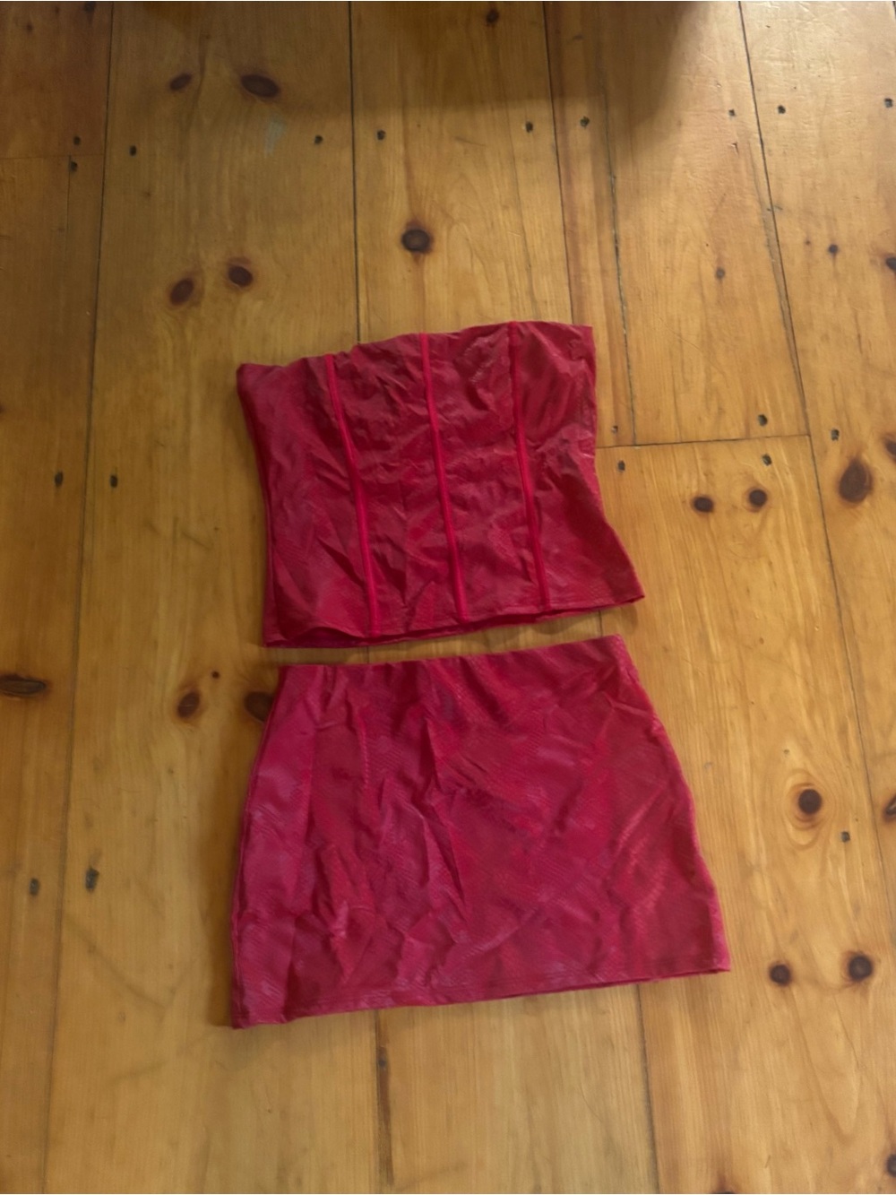 PrettyLittleThing Red Two-Piece Corset Top and Mini Skirt Set